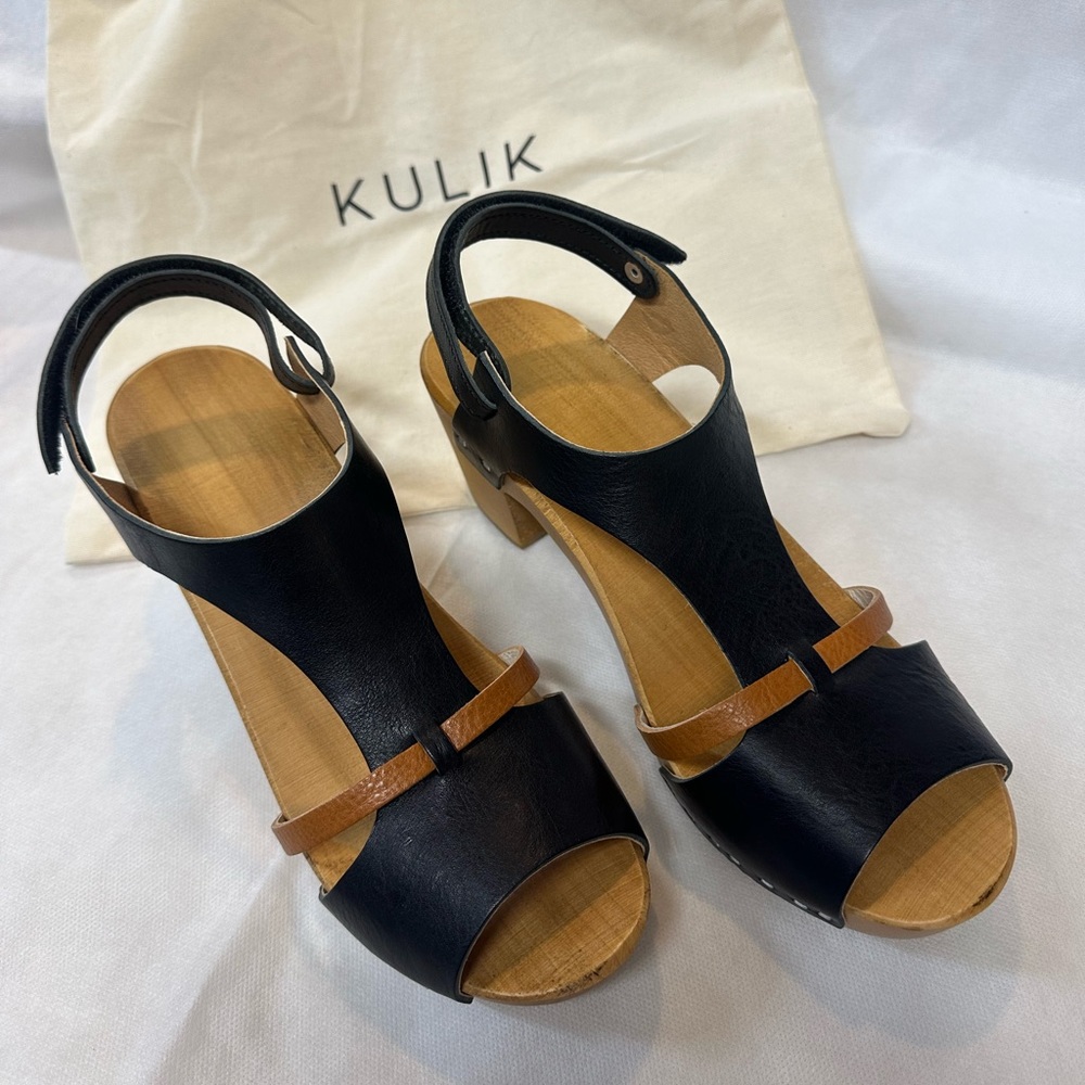 Kulik sandal clog, black w/brown accent leather & wooden sole size 40 EU / 9 US